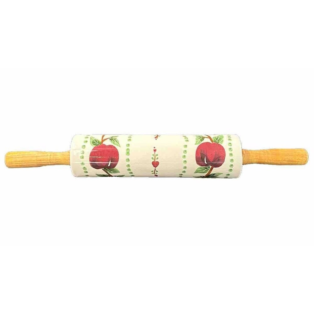 Decorative Apple Design Ceramic Country Kitchen Rolling Pin with Wooden Handles